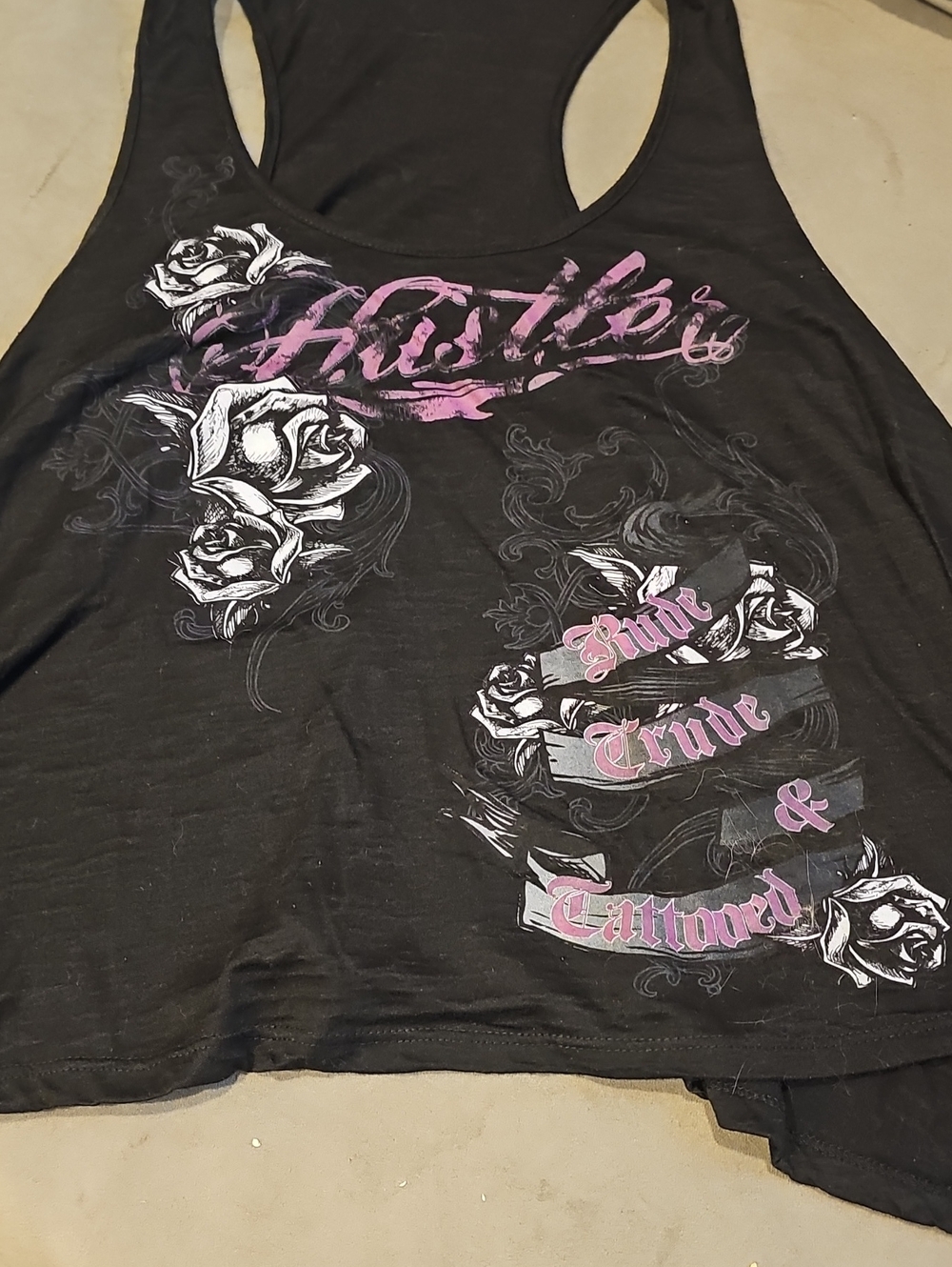 Hustler Hollywood Black Tank Top with Pink & White Rose Graphic